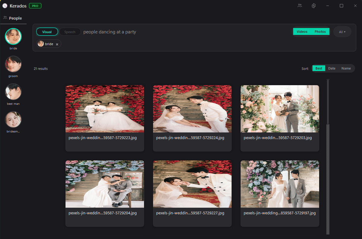 Kerados face recognition showing a grid of clips and photos featuring a single tagged person drawn from the user's entire media library