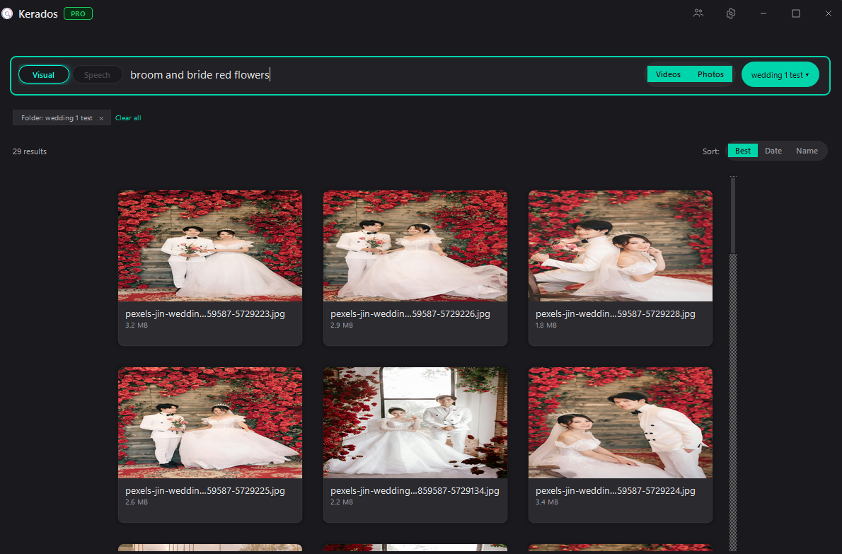 Kerados desktop app showing visual search results — a grid of scene thumbnails pulled from the user's library in response to a typed description