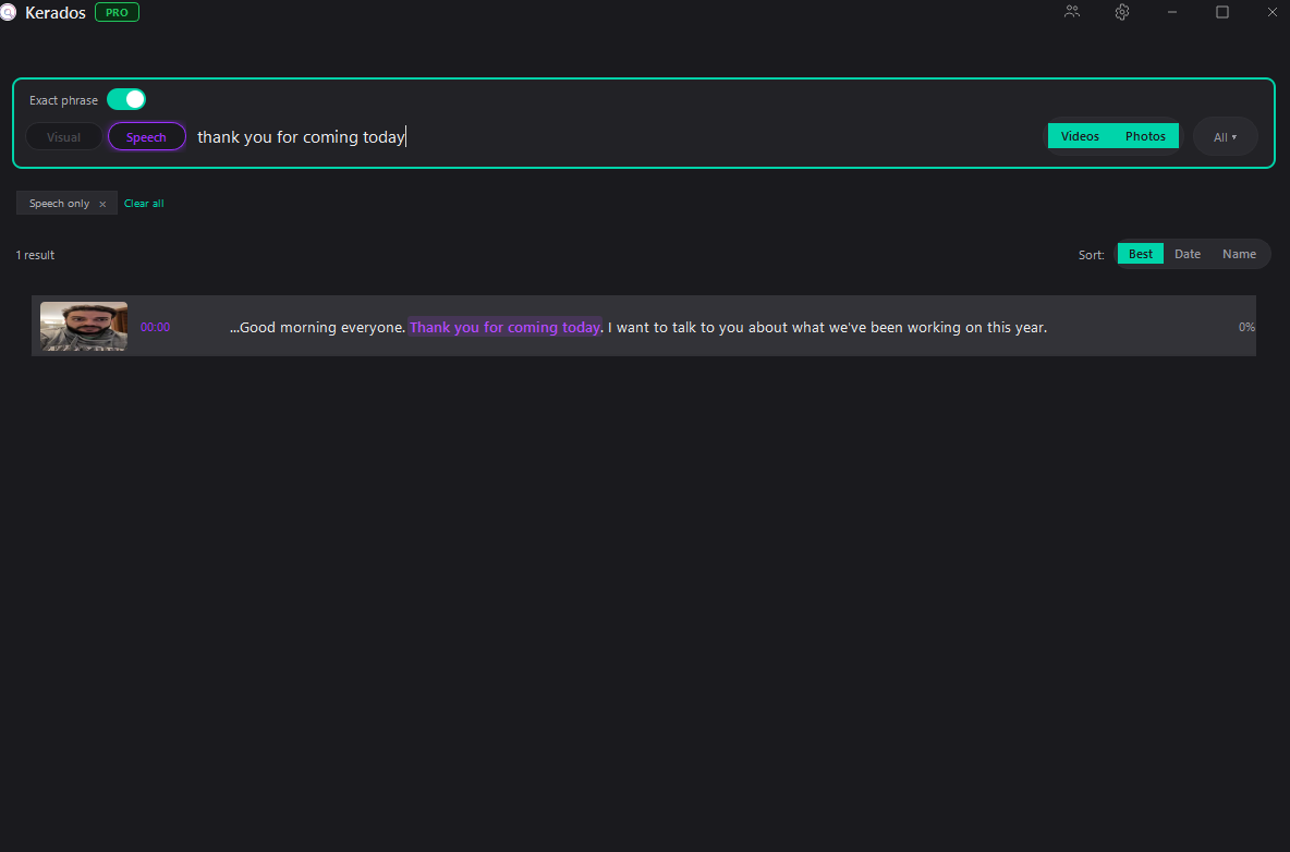 Kerados desktop app showing speech search — transcripts and audio clips surfaced from the user's videos in response to a spoken-word query